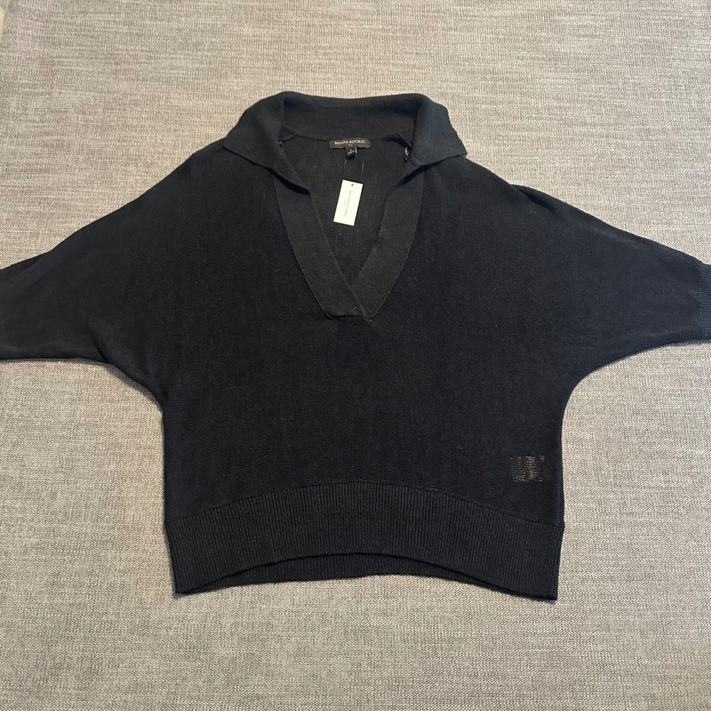 Banana Republic Sweater Womens L Black NEW Polo Collar Batwing Ramie Rayon Blend